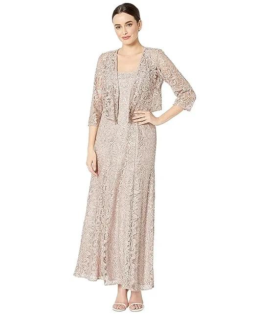Long Sequin Lace A-Line Jacket Dress with Illusion Cascade Jacket