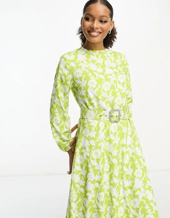 long sleeve belted maxi dress in sage floral
