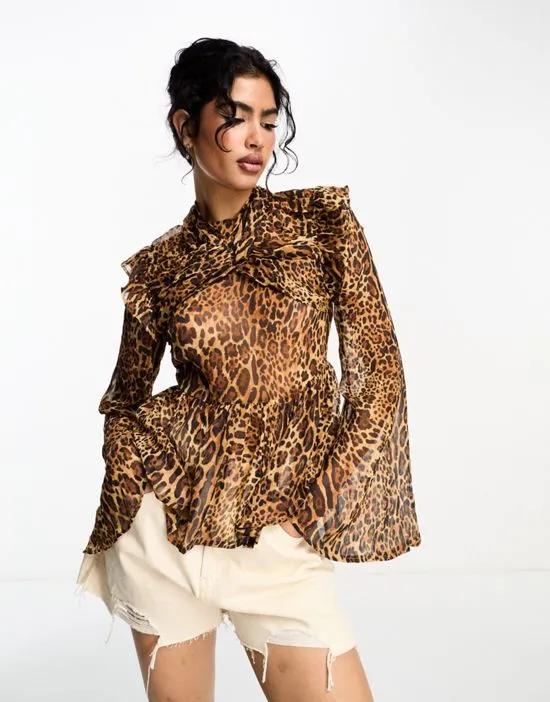 long sleeve blouse with drape twist neck in animal print