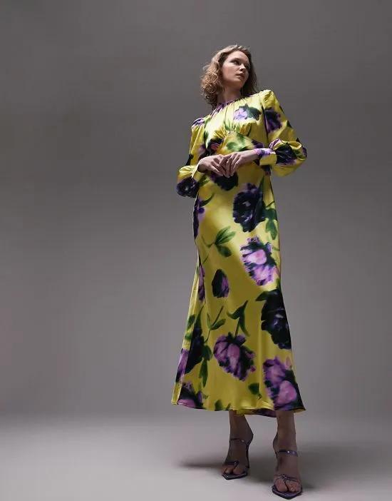 long sleeve bust seam printed midi occasion dress in blurred floral