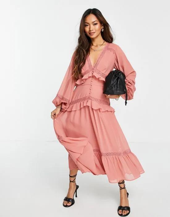 long sleeve button through lace insert tiered midi dress in dusky pink