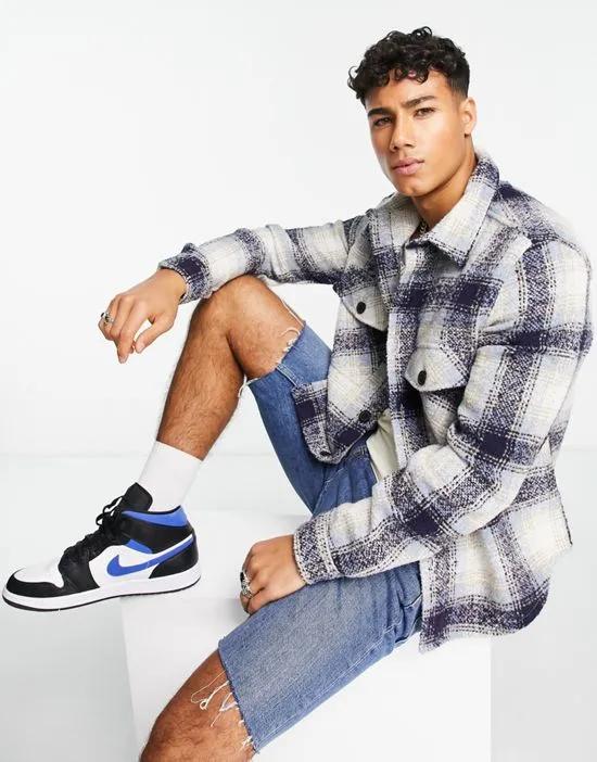 long sleeve check overshirt in ecru