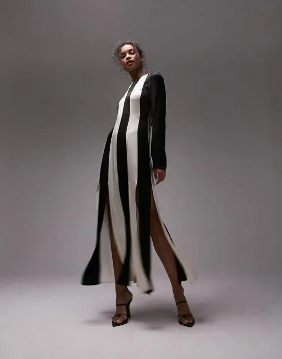 long sleeve contrast panel midi dress in black and white