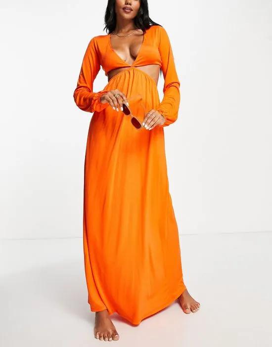 long sleeve cut out detail beach maxi dress in orange