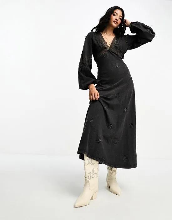 long sleeve embroidered midi dress with lace up back in charcoal