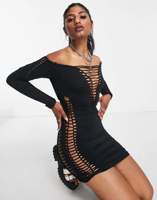long sleeve lace up macrame body-conscious mini dress in black