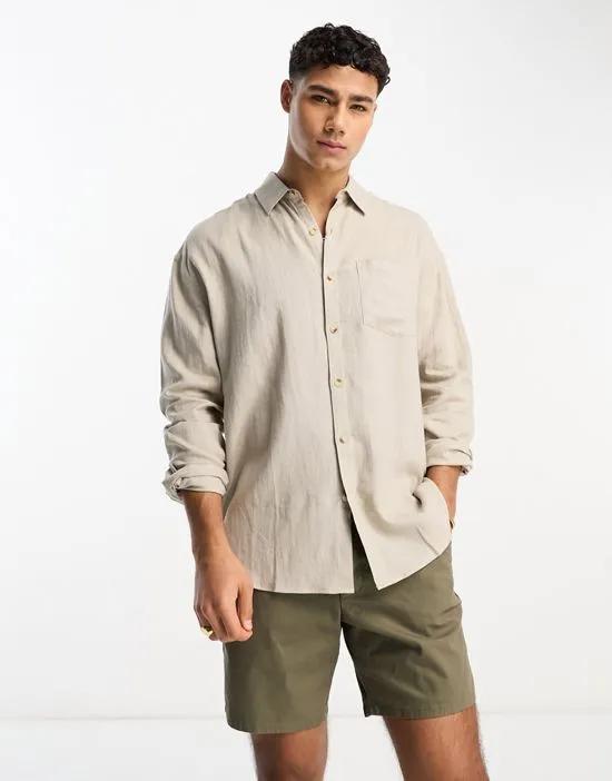 long sleeve linen blend shirt in stone