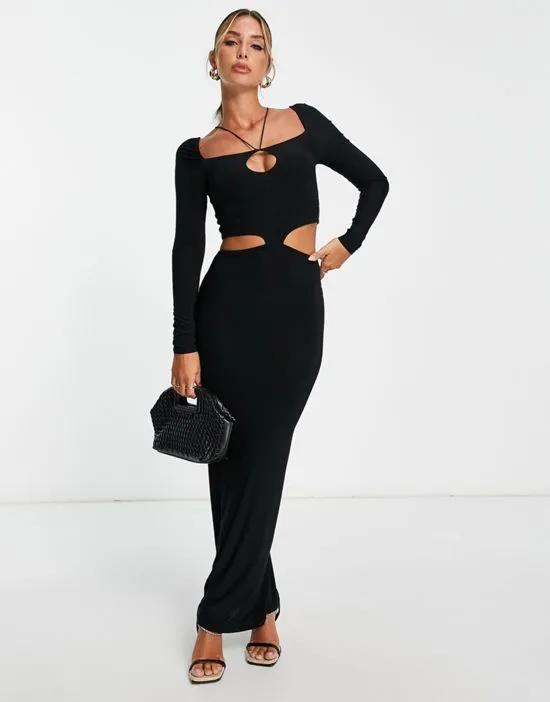 long sleeve maxi dress with low rise skirt in black