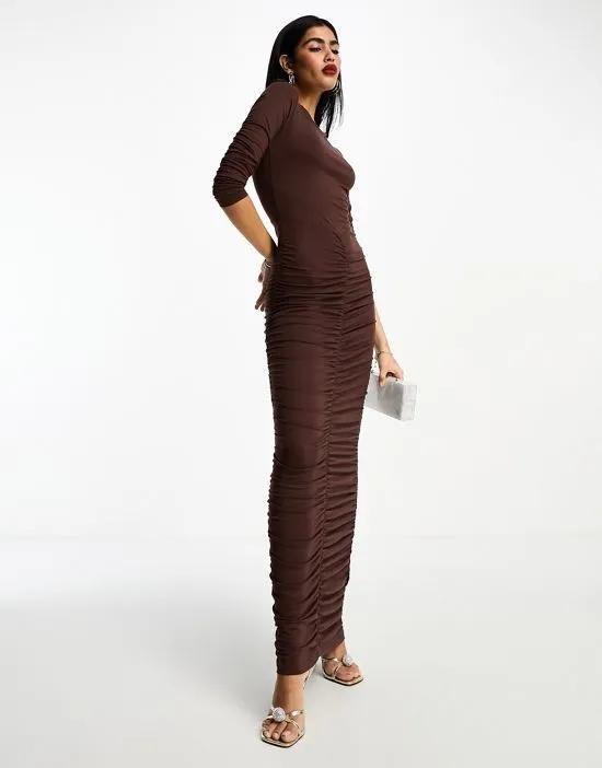 long sleeve maxi dress with ruched skirt in chocolate