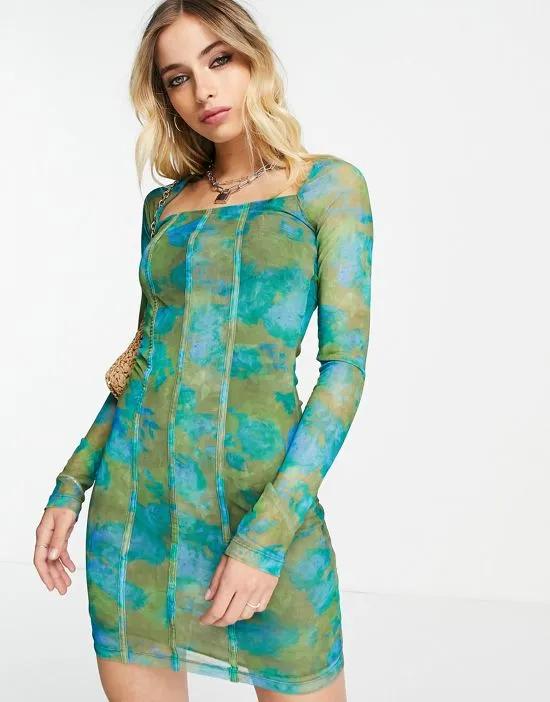 long sleeve mesh floral print mini dress in blue and green