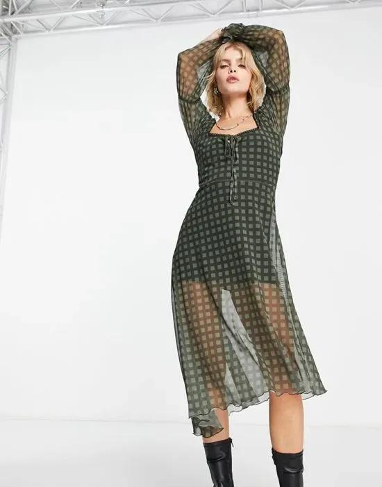 long sleeve mesh midi dress in khaki gingham print