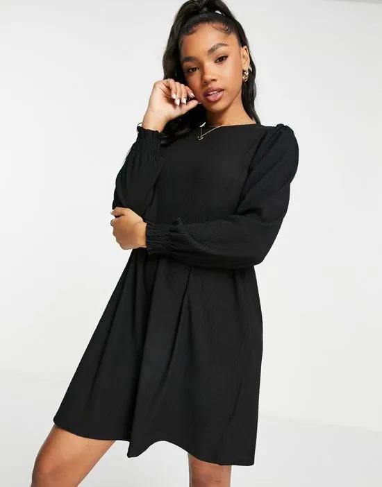 long sleeve mini jersey smock dress in black