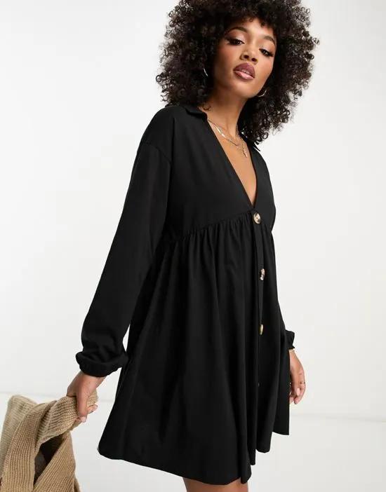 long sleeve mini smock dress with buttons in black