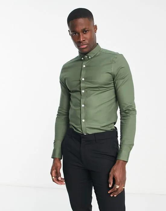 long sleeve muscle fit oxford shirt in khaki