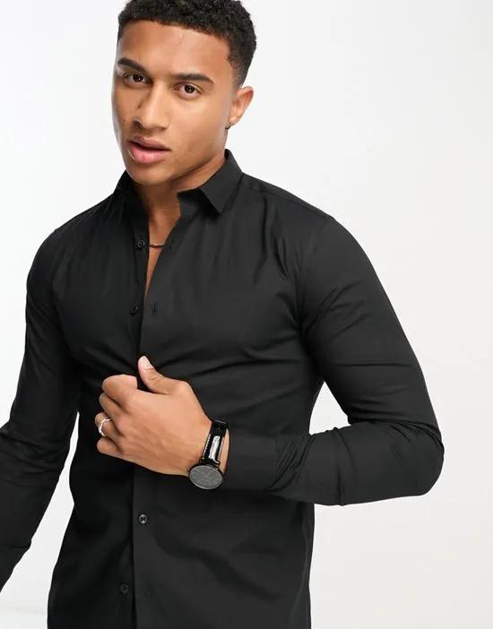 long sleeve muscle fit poplin shirt in black