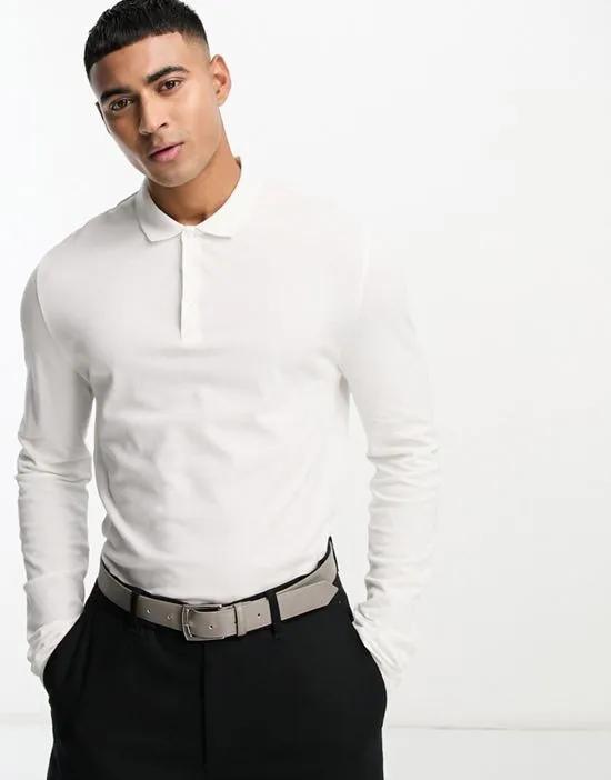 long sleeve pique polo in white