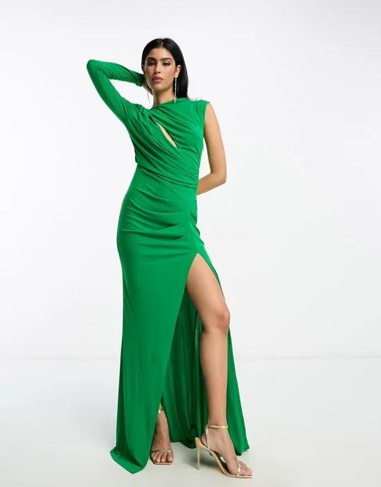 long sleeve premium asymmetric cut out maxi dress in green