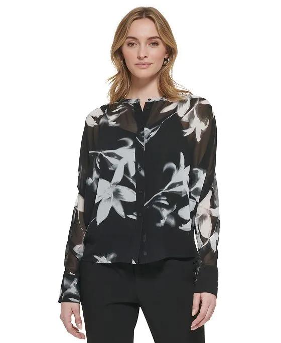 Long Sleeve Printed Chiffon Button Front Blouse