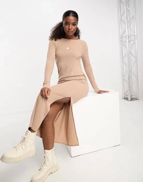 long sleeve ribbed midi dress with open tie back in beige