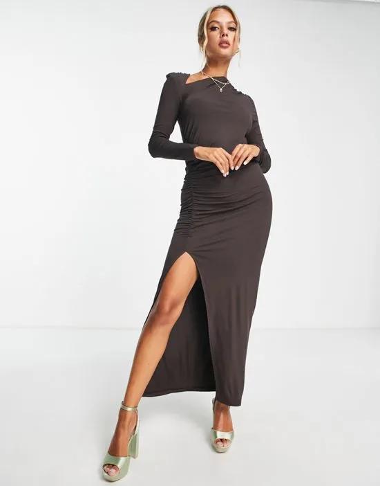 long sleeve ruched detail midi dress in chocolate brown