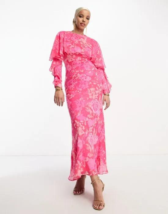 long sleeve ruffle bias maxi dress with cape detail in pink rose floral print