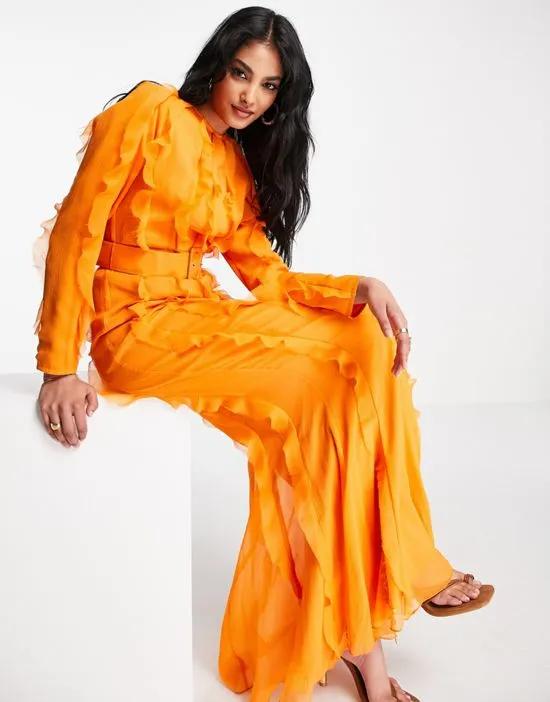 long sleeve ruffle detail maxi dress in bright orange chiffon