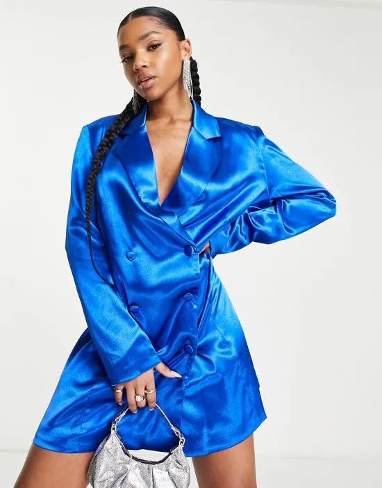 long sleeve satin blazer mini dress in blue