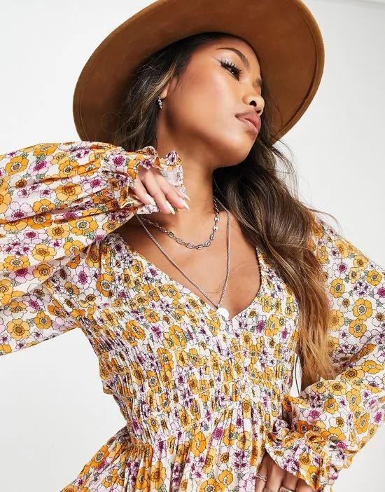 long sleeve smock top in retro floral
