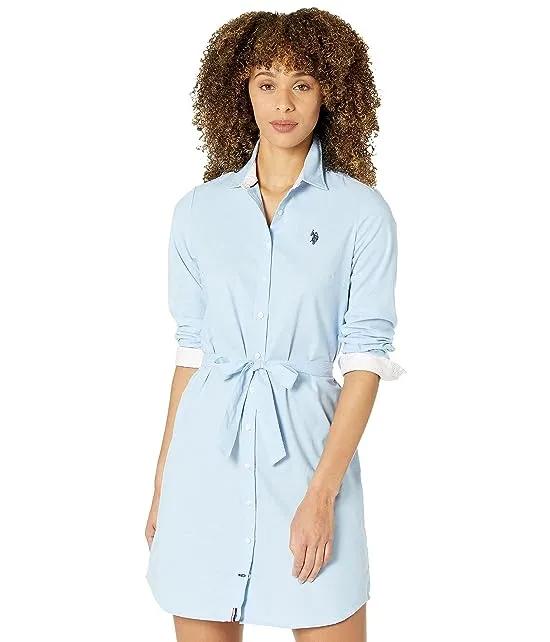 Long Sleeve Solid Stretch Oxford Dress