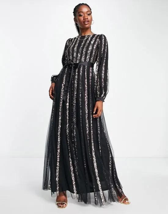 long sleeve striped embellished dress in black