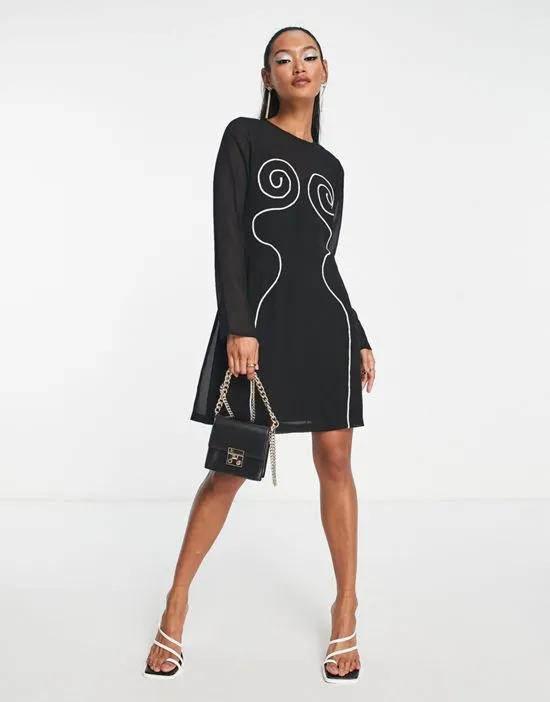 long sleeve swirl contrast stitch detail mini dress in black