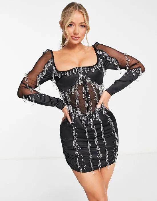 long sleeve teardrop embellished dress with mesh panels in black