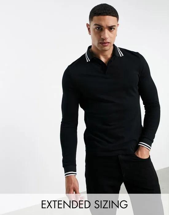 long sleeve tipped pique polo shirt in black - BLACK