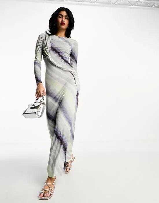 long sleeve twist drape maxi dress in diagonal stripe