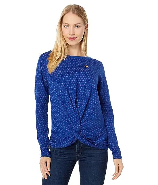 Long Sleeve Twist Front Ditsy Knit Shirt