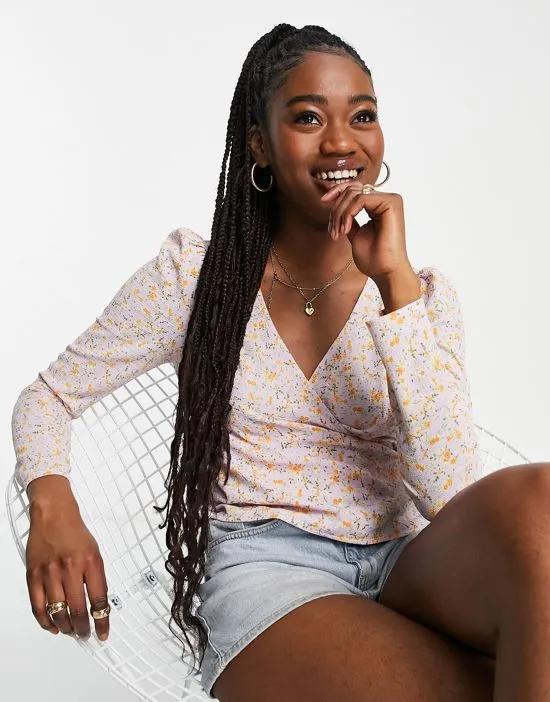 long sleeve wrap top in lilac ditsy floral