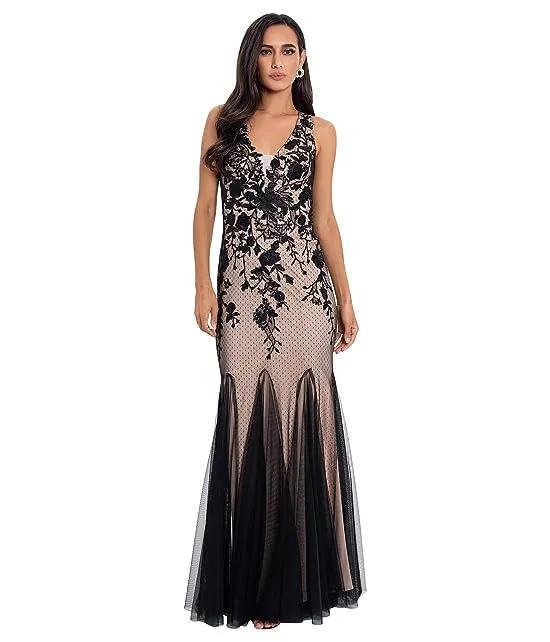 Long V-Neck Embroidered Gown