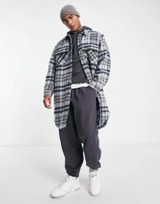 longline plaid shacket in blue