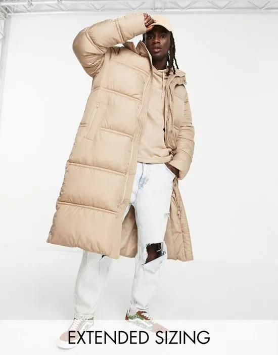 longline puffer coat in stone