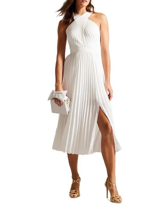 Loueli Cross Front Pleated Midi Dress