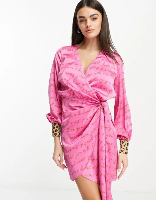 love print wrap mini dress in pink and red
