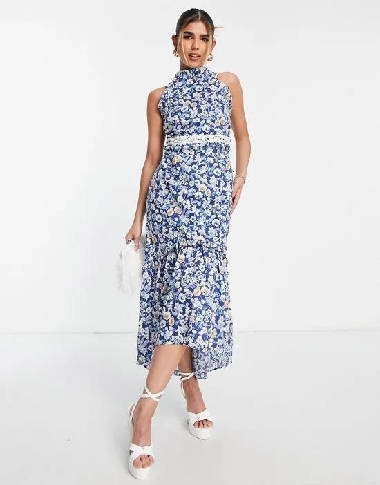 Made with Liberty Fabric Daniella halter neck dress in blue