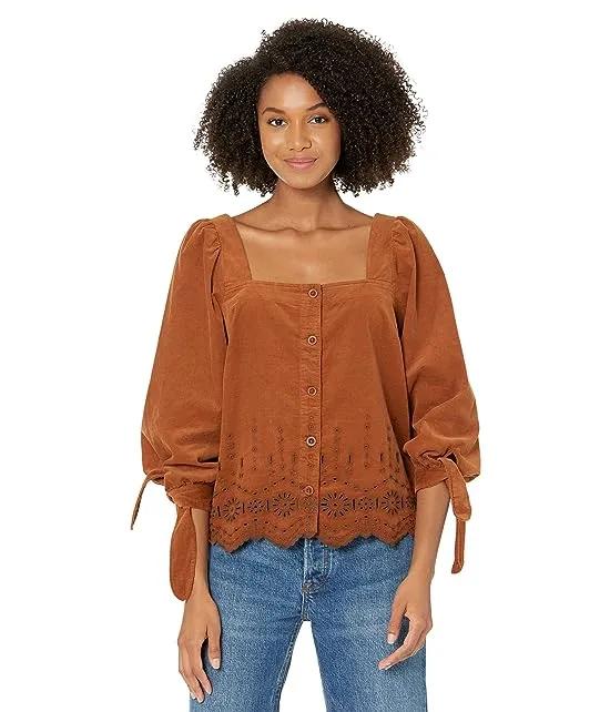 Madewell Embroidered Eyelet Corduroy Tie-Sleeve Top