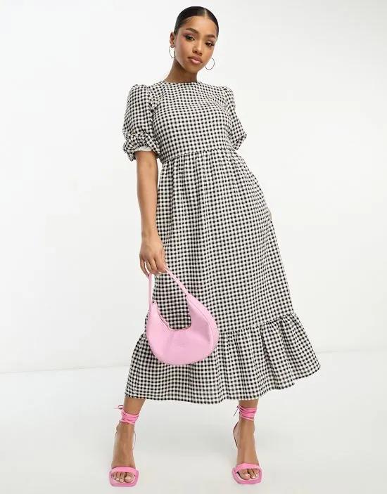 Maria lace up back smock midi dress in mono gingham