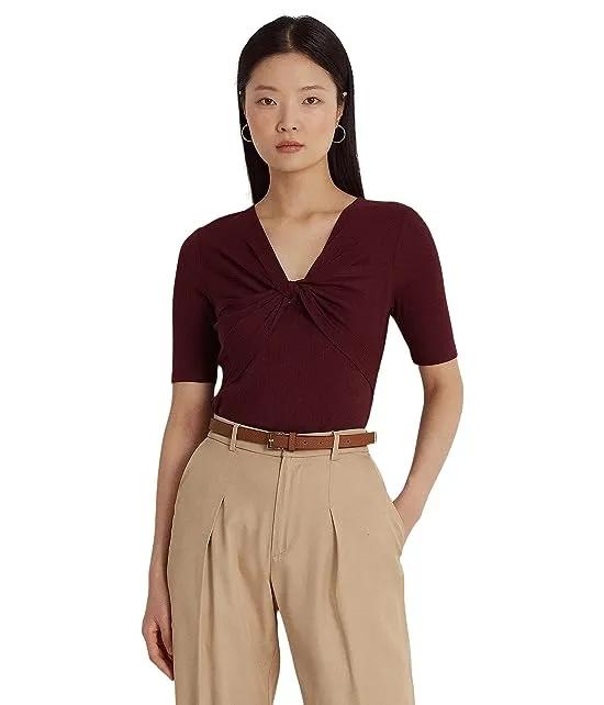 Twist-Front Rib-Knit Cotton-Blend Tee