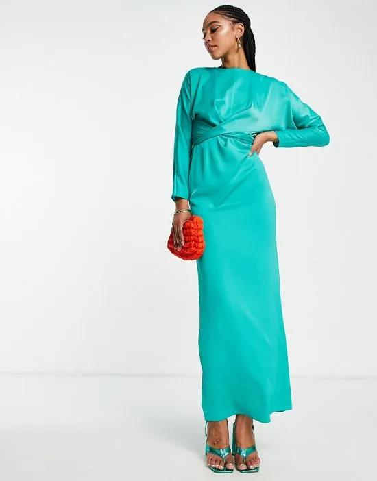 maxi dress with batwing sleeve and wrap waist in green satin