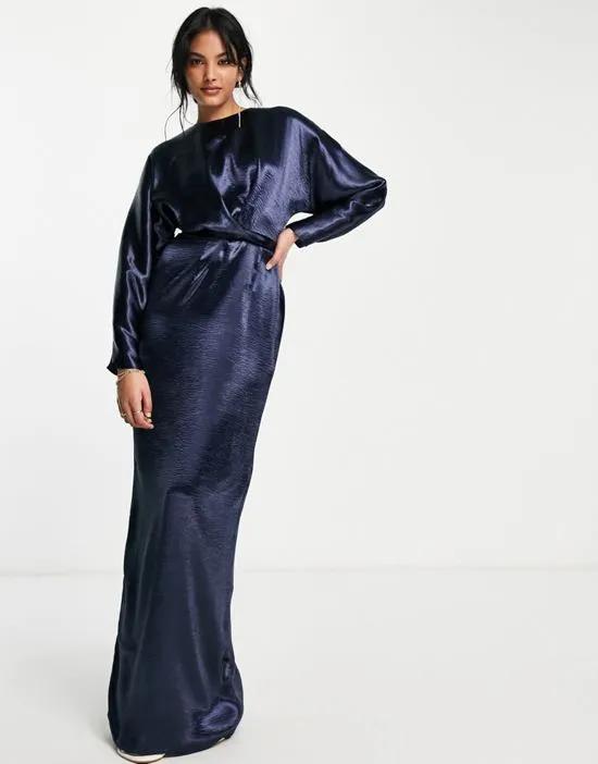 maxi dress with batwing sleeve and wrap waist in navy satin