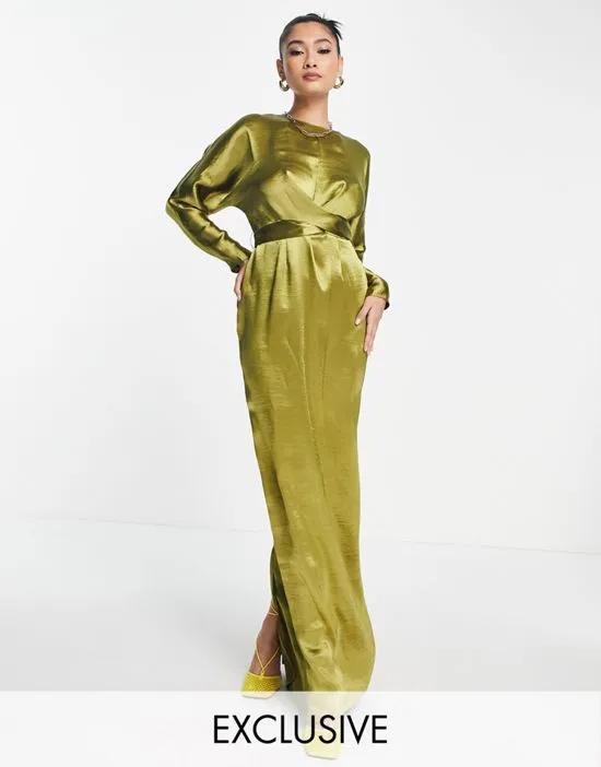 maxi dress with batwing sleeve and wrap waist in satin in olive