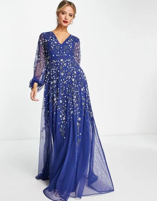 maxi dress with blouson sleeve and delicate floral embellishment in navy