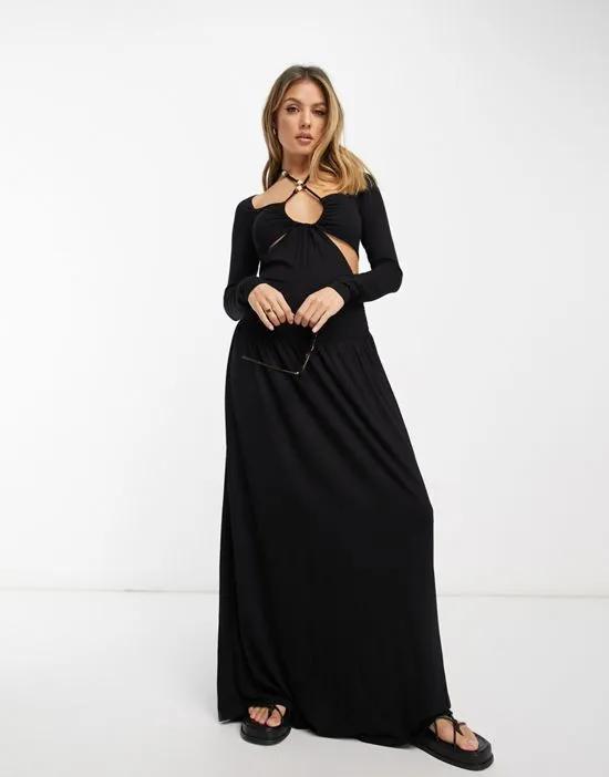 maxi dress with cut-out detail and tie neck with beaded trim